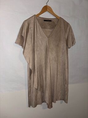 Zara Basic Faux Suede Shift Dress Beige Tan V-Neck Draped Medium